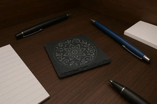 A decorative black coaster surrounded by pens and notepads on a wooden desk.