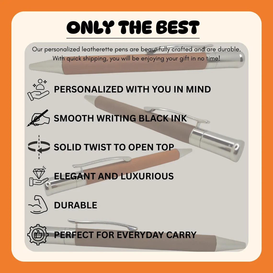 Infographic highlighting features of personalized leatherette pens.
