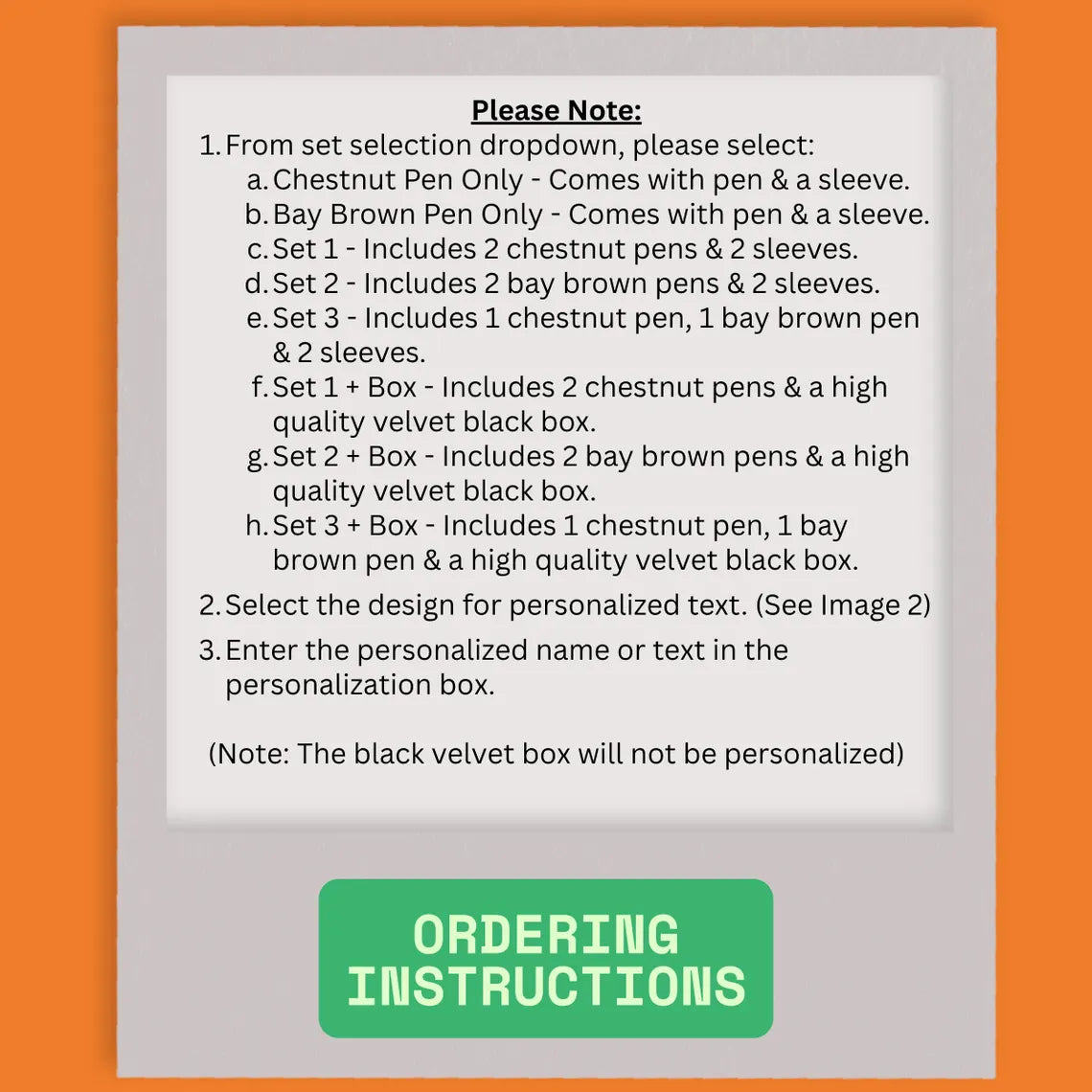 Instructions for selecting pen sets and personalization options