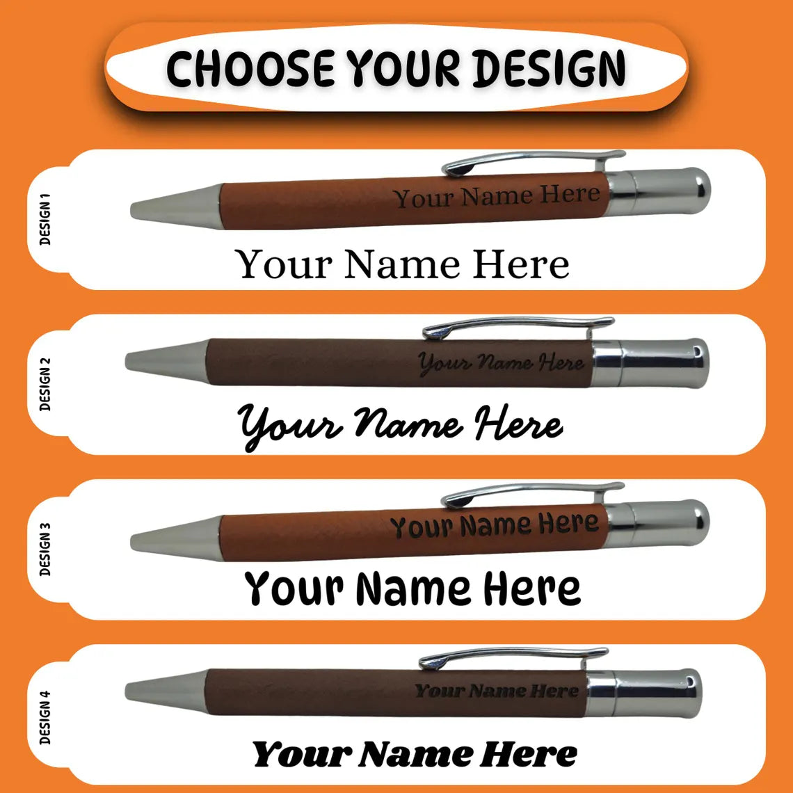 Various personalized pen designs with placeholder for names.
