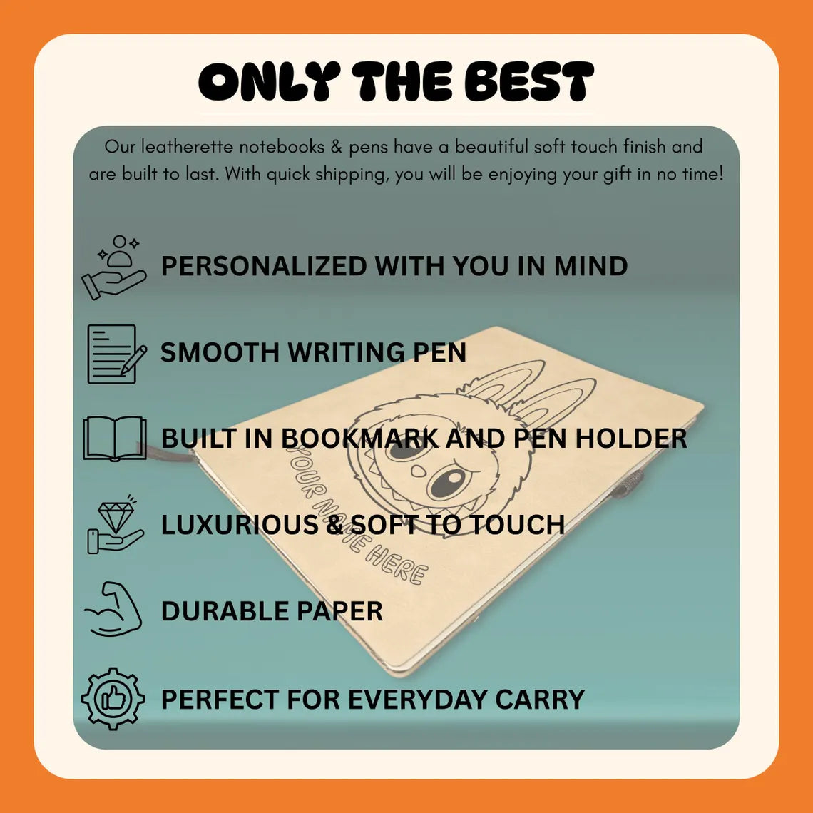 Labubu Head Leatherette Notebook – Fun Personalized School Journal for Kids, Teens & Young Adults | Custom Engraved Back to School Gift