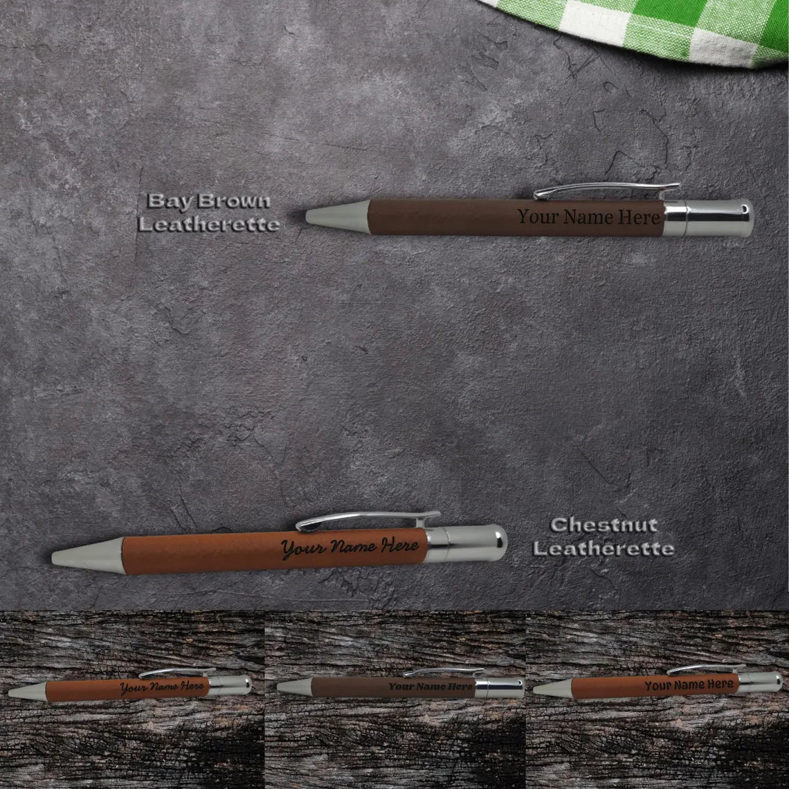 Two leatherette pens displayed on a textured background, labeled 'Bay Brown Leatherette' and 'Chestnut Leatherette'.