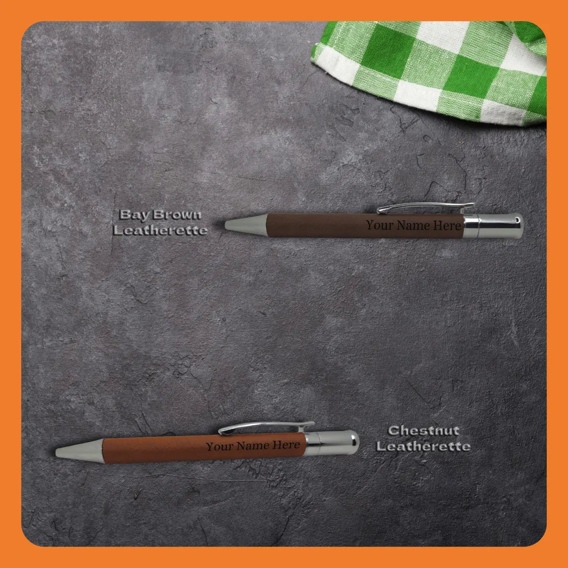 Two promotional pens with leatherette grips, labeled 'Bay Brown Leatherette' and 'Chestnut Leatherette'.