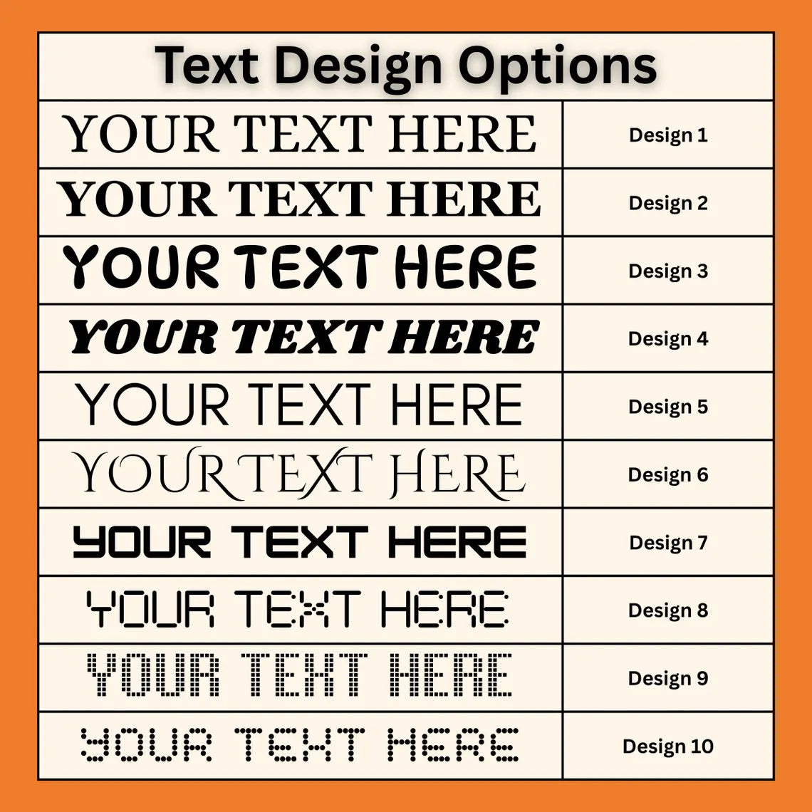 Various text design options displayed in a list format