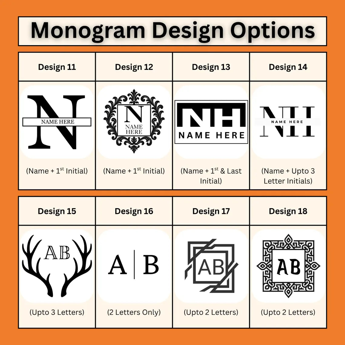 A grid displaying various monogram design options, featuring different styles for initials and names.