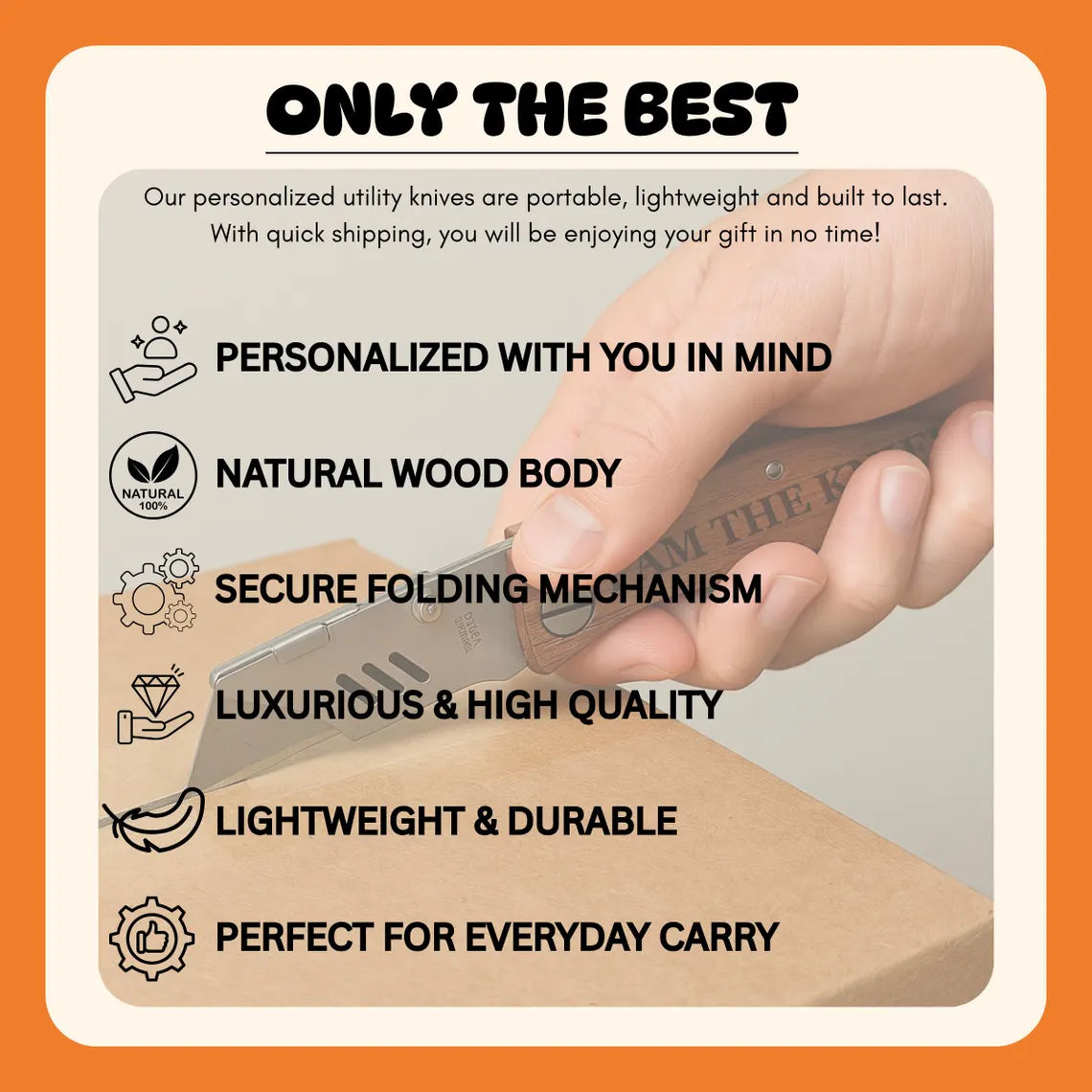 Informational graphic highlighting features of personalized utility knives, including natural wood body and secure folding mechanism.