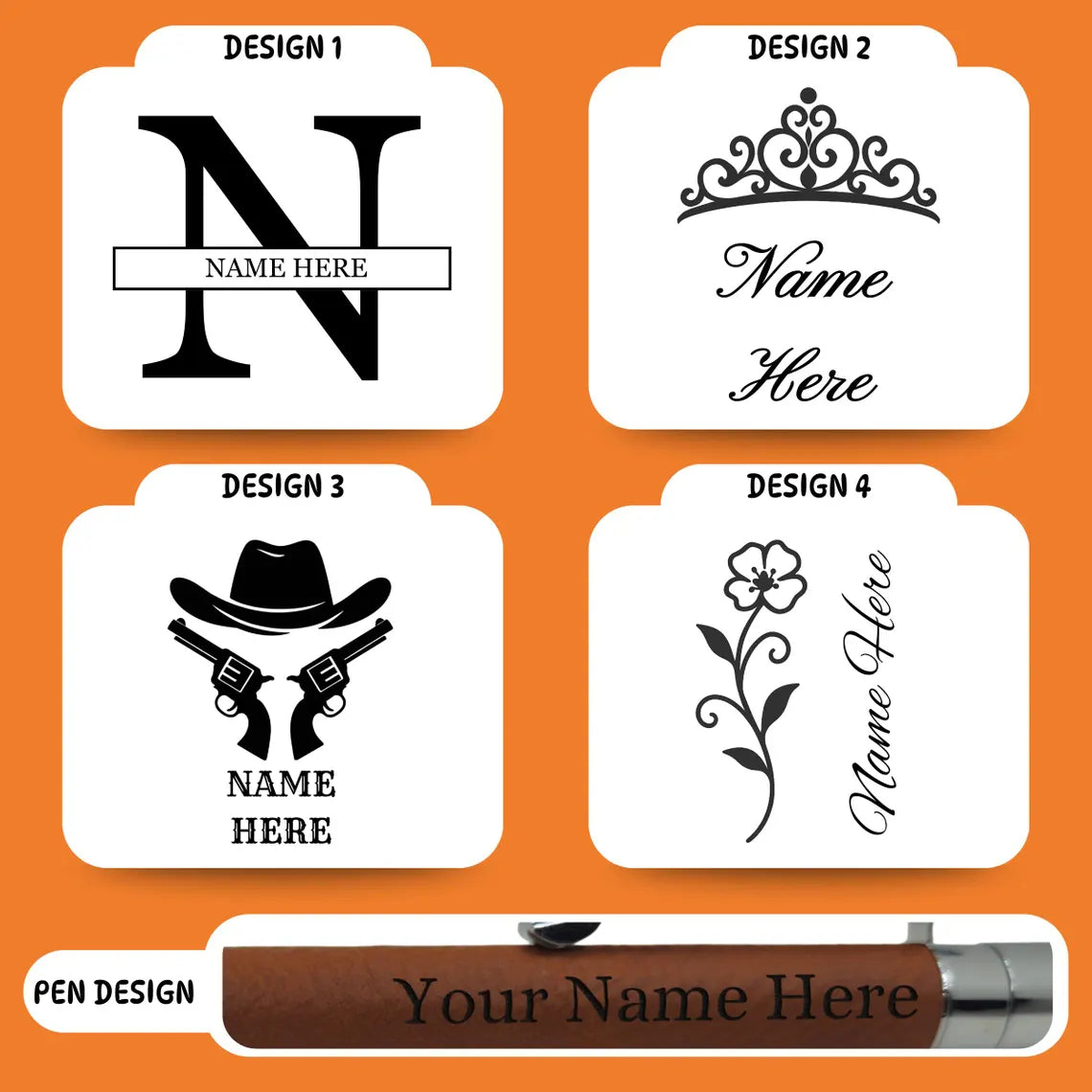 Four customizable design samples for name labels featuring different styles.