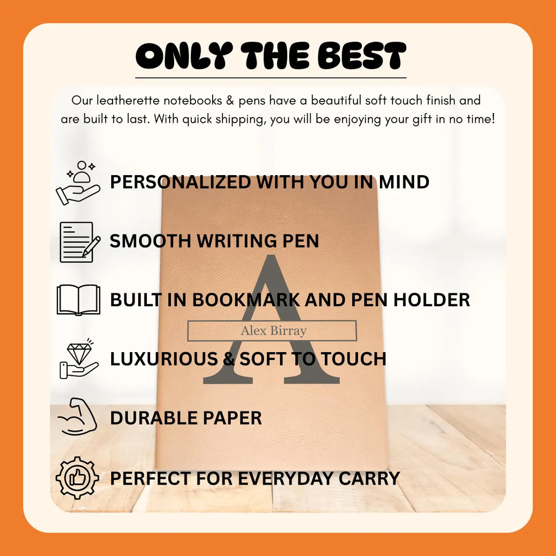 Promotional graphic for leatherette notebooks and pens highlighting their features.