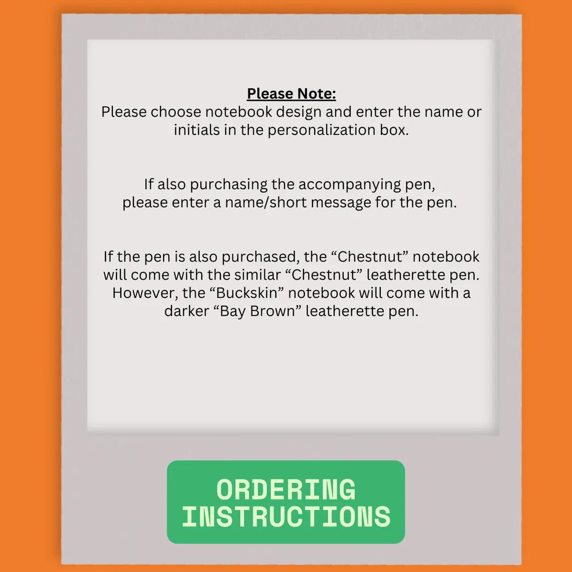 Ordering instructions for personalized notebooks and pens.