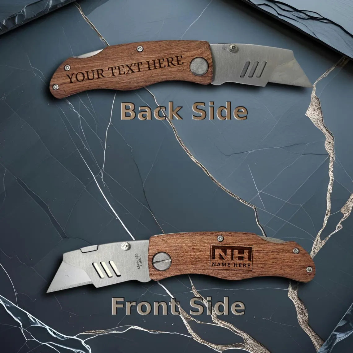 A folding knife featuring a wooden handle with customizable text, displaying both front and back sides.