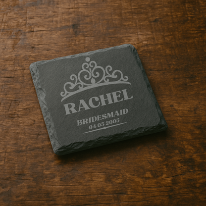 Bridesmaid Gift Slate Coasters- 4 Set- Rustic Laser Engraved Stone Decor for the Wedding Party or Maid of Honor- 6 Design Choices Available