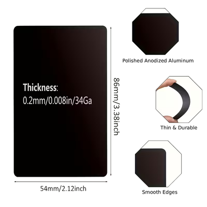 Black anodized aluminum sheet with dimensions and material properties on a white background