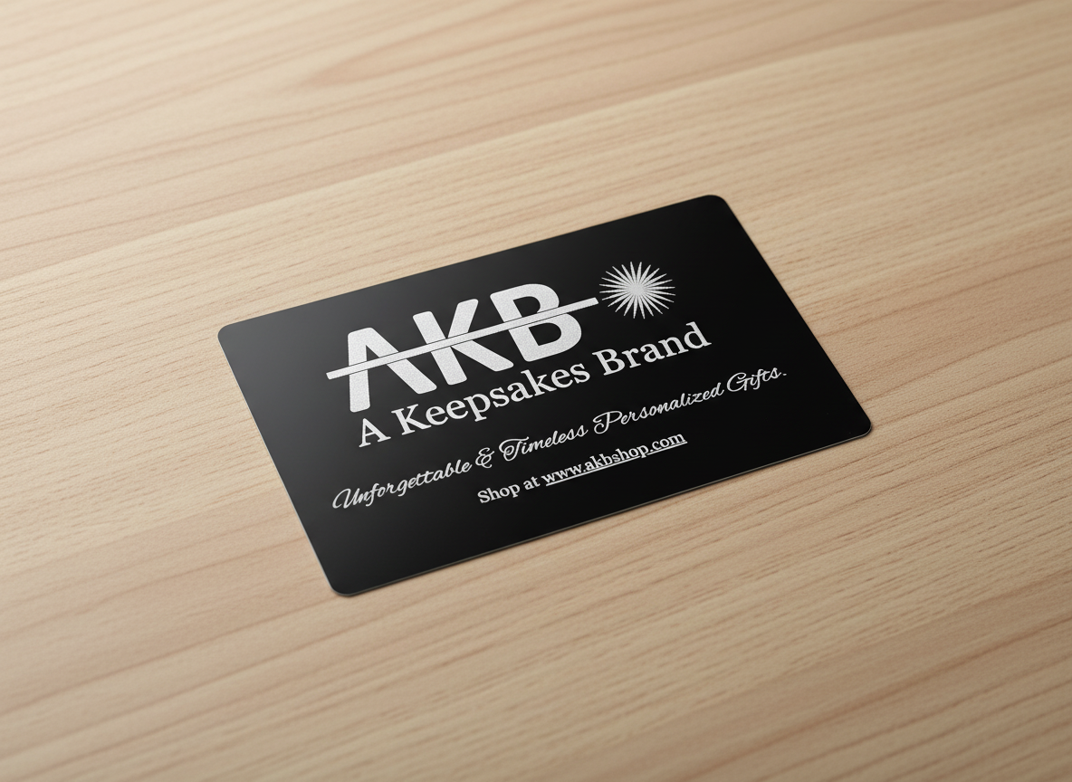 Black card with 'AKB A Keepsakes Brand' text on a wooden surface