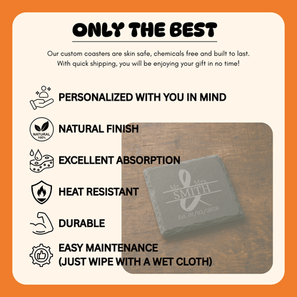 Personalized Slate Coasters, Mr. & Mrs. Wedding and Anniversary Gift