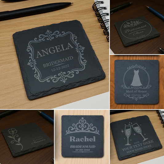 Bridesmaid Gift Slate Coasters- 4 Set- Rustic Laser Engraved Stone Decor for the Wedding Party or Maid of Honor- 6 Design Choices Available