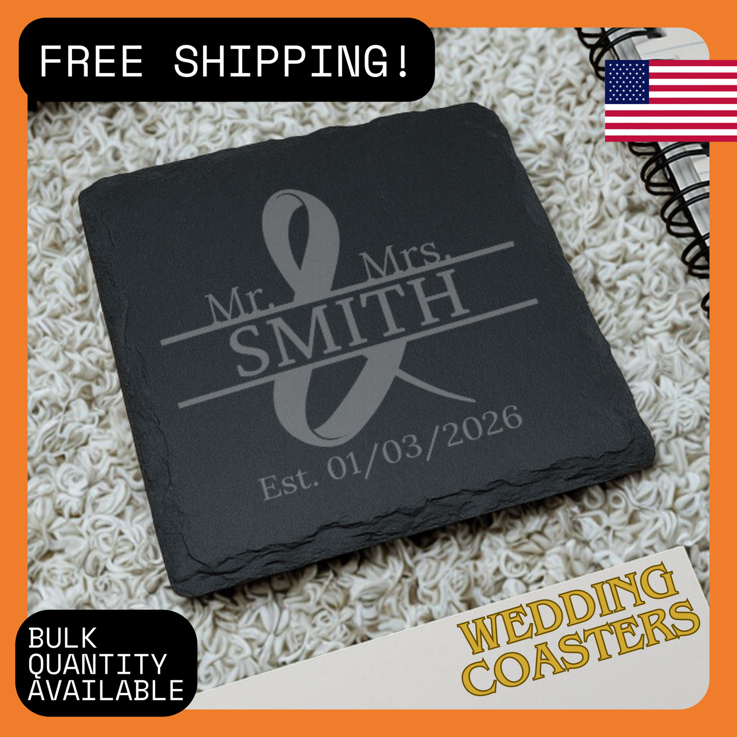 Personalized Slate Coasters, Mr. & Mrs. Wedding and Anniversary Gift