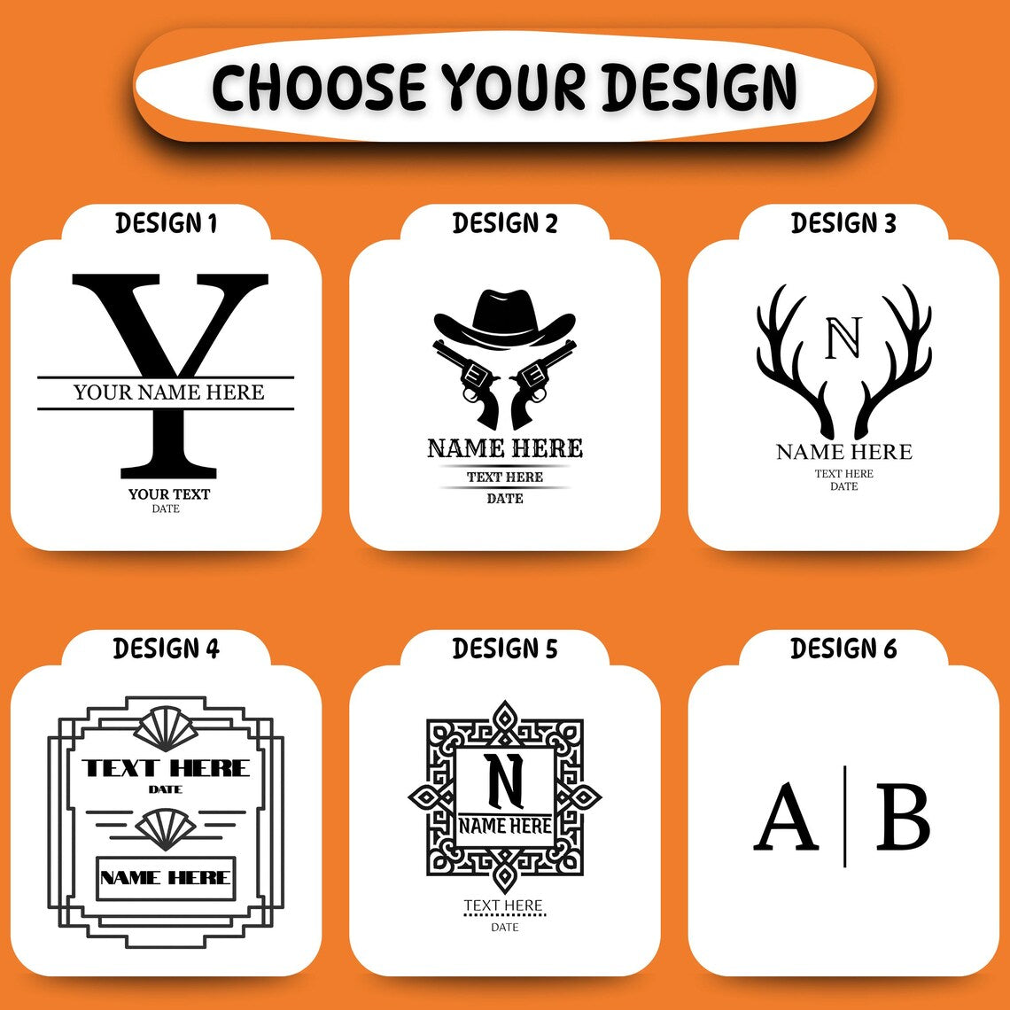 Grid showcasing six customizable design options for personal or business use.