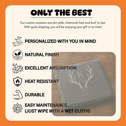 Promotional image for custom coasters highlighting their personalized design, natural finish, excellent absorption, heat resistance, durability, and easy maintenance.