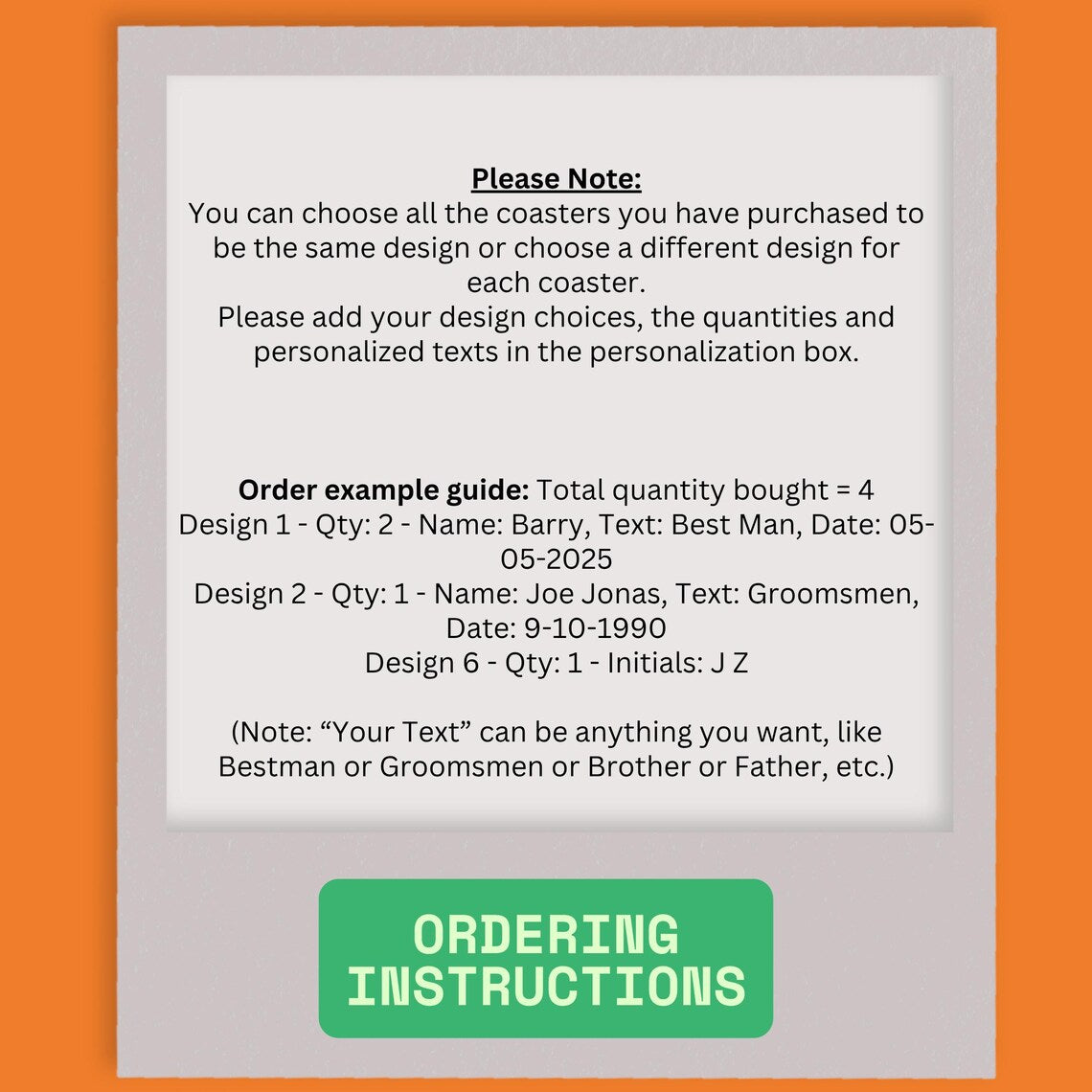 Instructions for ordering personalized coasters, including design choices and text customization.