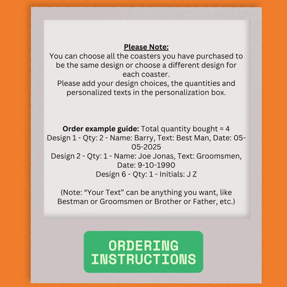 Instructions for ordering personalized coasters, including design choices and text customization.