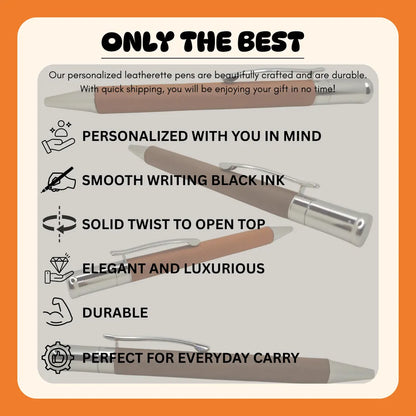 Infographic highlighting features of personalized leatherette pens.