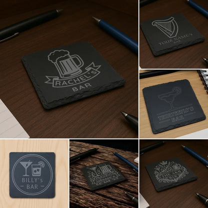 Pack of 4 Custom Engraved Coasters for Home Bar – Natural Slate Stone with Bar Theme - Perfect Gift for Men, Housewarming or Groomsmen Favor
