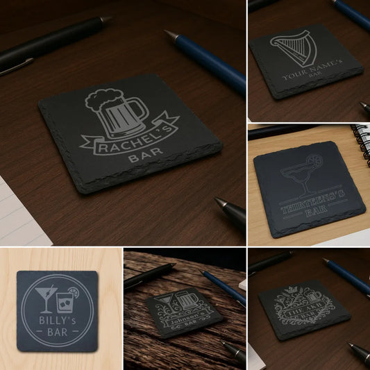 Pack of 4 Custom Engraved Coasters for Home Bar – Natural Slate Stone with Bar Theme - Perfect Gift for Men, Housewarming or Groomsmen Favor