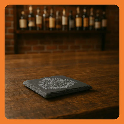 Pack of 4 Custom Engraved Coasters for Home Bar – Natural Slate Stone with Bar Theme - Perfect Gift for Men, Housewarming or Groomsmen Favor