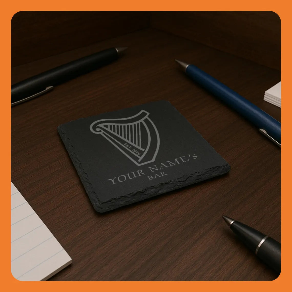 Pack of 4 Custom Engraved Coasters for Home Bar – Natural Slate Stone with Bar Theme - Perfect Gift for Men, Housewarming or Groomsmen Favor