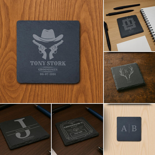 Groomsmen Gift Slate Coasters- 4 pack- Rustic Engraved Stone Drinkware for Best Man or Wedding Party- Personalized to Your Liking