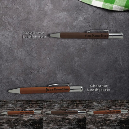 Two leatherette pens displayed on a textured background, labeled 'Bay Brown Leatherette' and 'Chestnut Leatherette'.