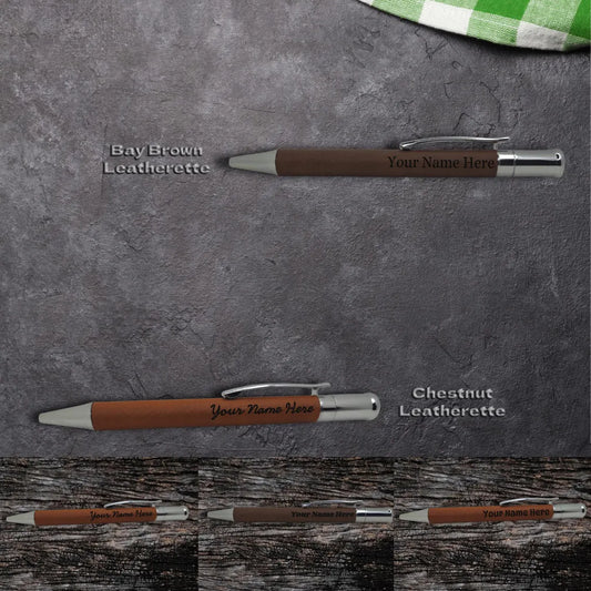Two leatherette pens displayed on a textured background, labeled 'Bay Brown Leatherette' and 'Chestnut Leatherette'.