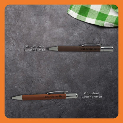 Two promotional pens with leatherette grips, labeled 'Bay Brown Leatherette' and 'Chestnut Leatherette'.