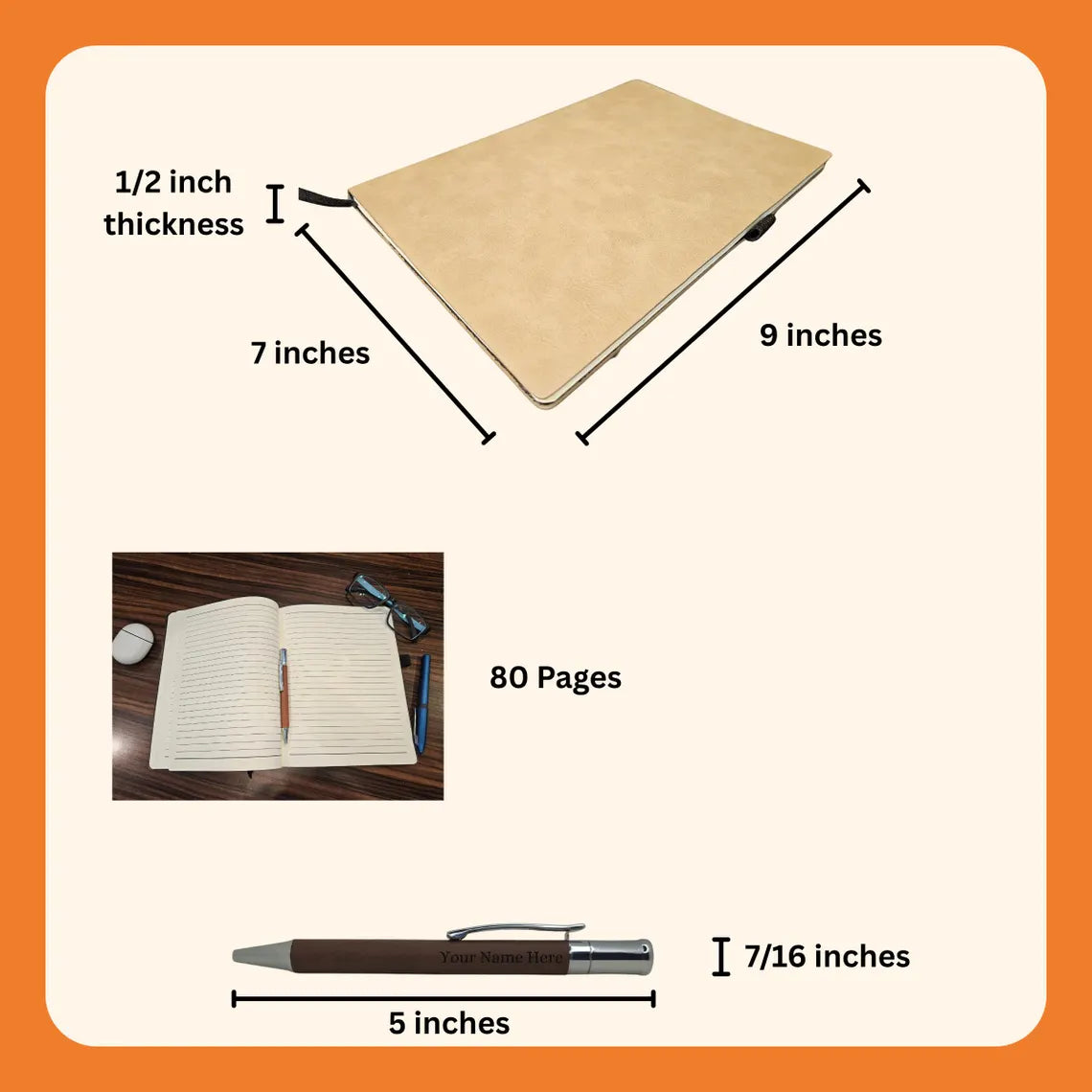 Elegant Personalized Leatherette Journal - 7"x9" - Custom Engraved Notebook in Chestnut or Buckskin – Name or Initials Gift for Him or Her