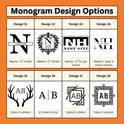 A grid displaying various monogram design options, featuring different styles for initials and names.