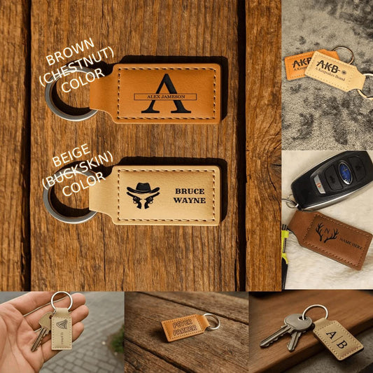 Rectangular Keychains - Leatherette Collection - Comes in Chestnut and Buckskin Colors - Personalization Available