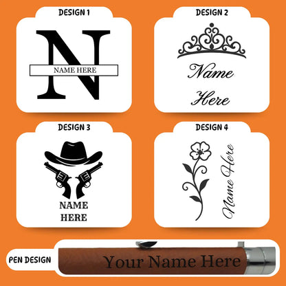 Four customizable design samples for name labels featuring different styles.