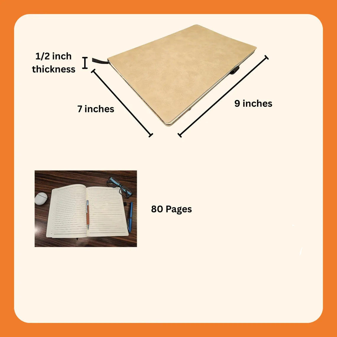 Dimensions and features of a notebook and pen.