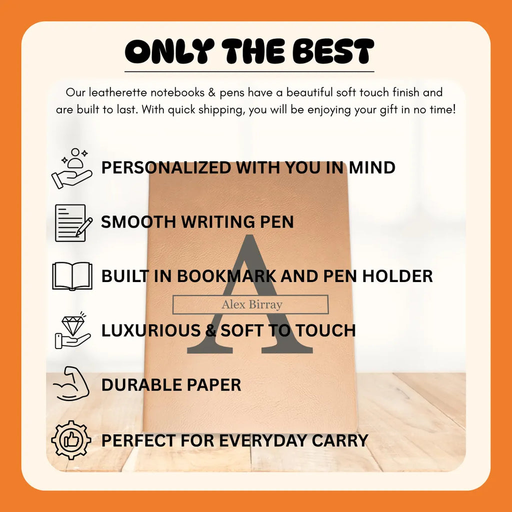Promotional graphic for leatherette notebooks and pens highlighting their features.