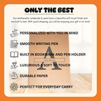 Promotional graphic for leatherette notebooks and pens highlighting their features.