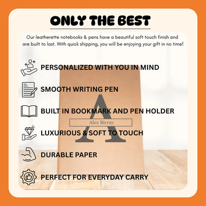 Promotional graphic for leatherette notebooks and pens highlighting their features.