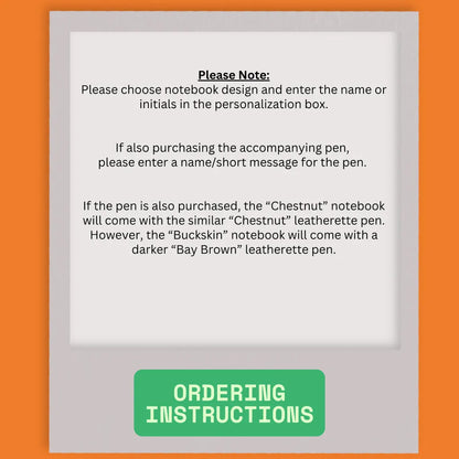 Ordering instructions for personalized notebooks and pens.