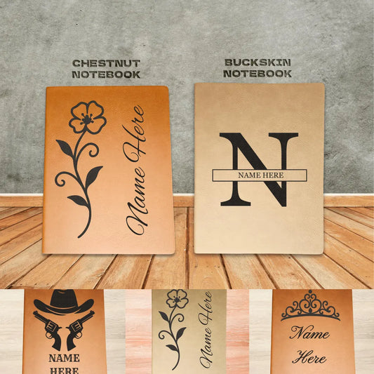 Two notebooks, one labeled 'Chestnut Notebook' with a floral design and one labeled 'Buckskin Notebook' featuring a large letter 'N'.