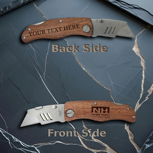 A folding knife featuring a wooden handle with customizable text, displaying both front and back sides.