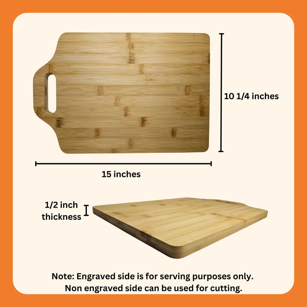 Bamboo cutting board with dimensions and usage notes