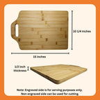 Bamboo cutting board with dimensions and usage notes