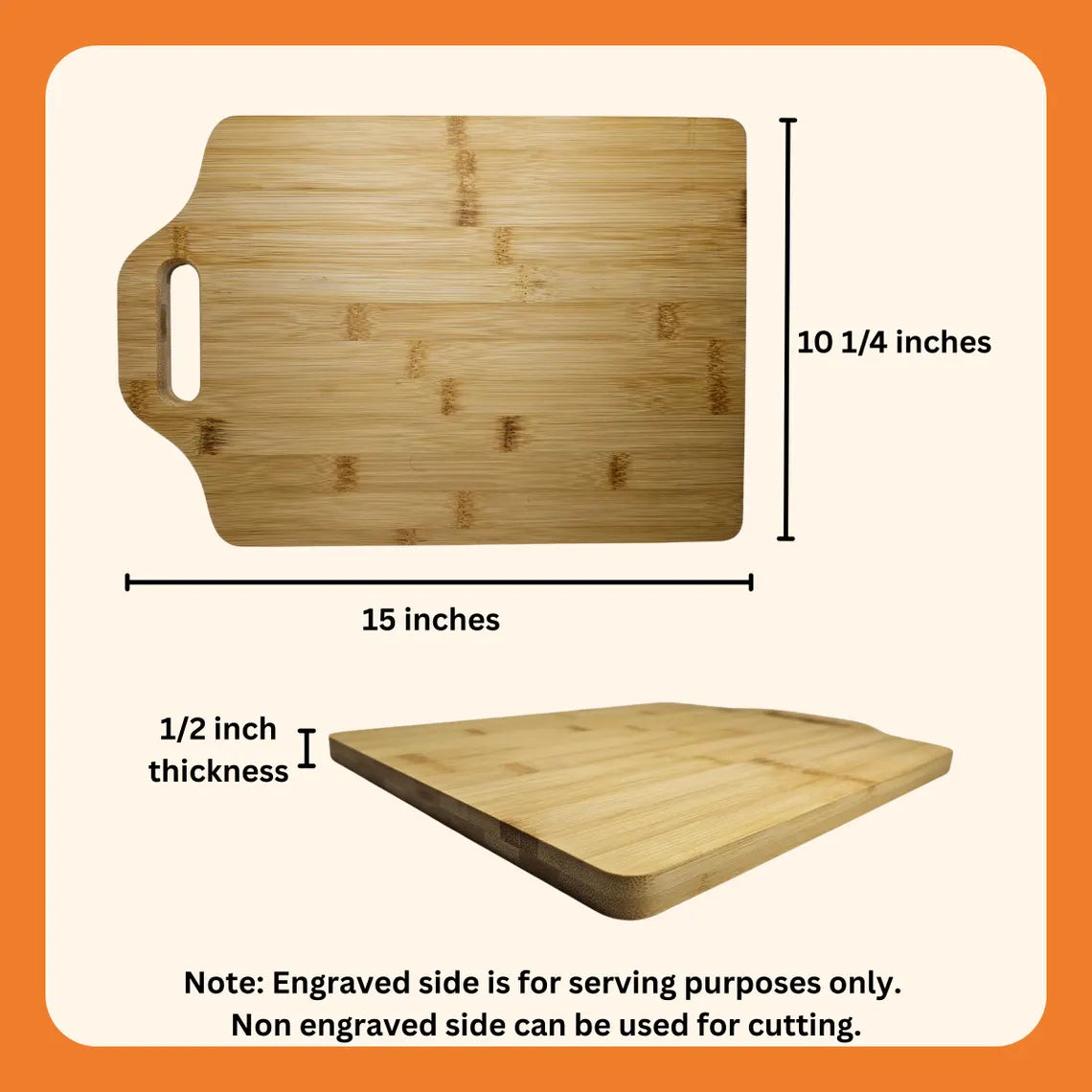 Bamboo cutting board with dimensions and usage notes