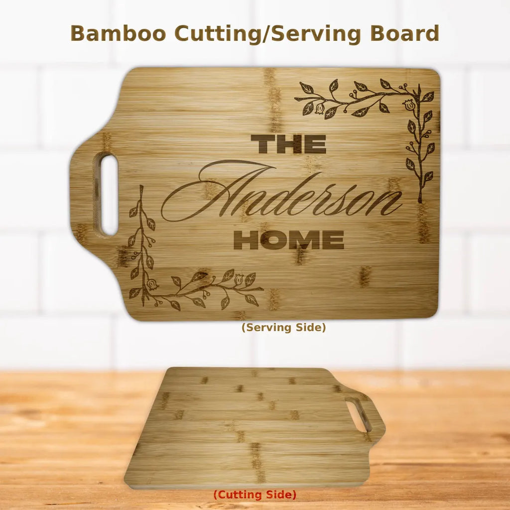 Personalized bamboo cutting and serving board with the name 'Anderson' and decorative design