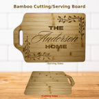 Personalized bamboo cutting and serving board with the name 'Anderson' and decorative design