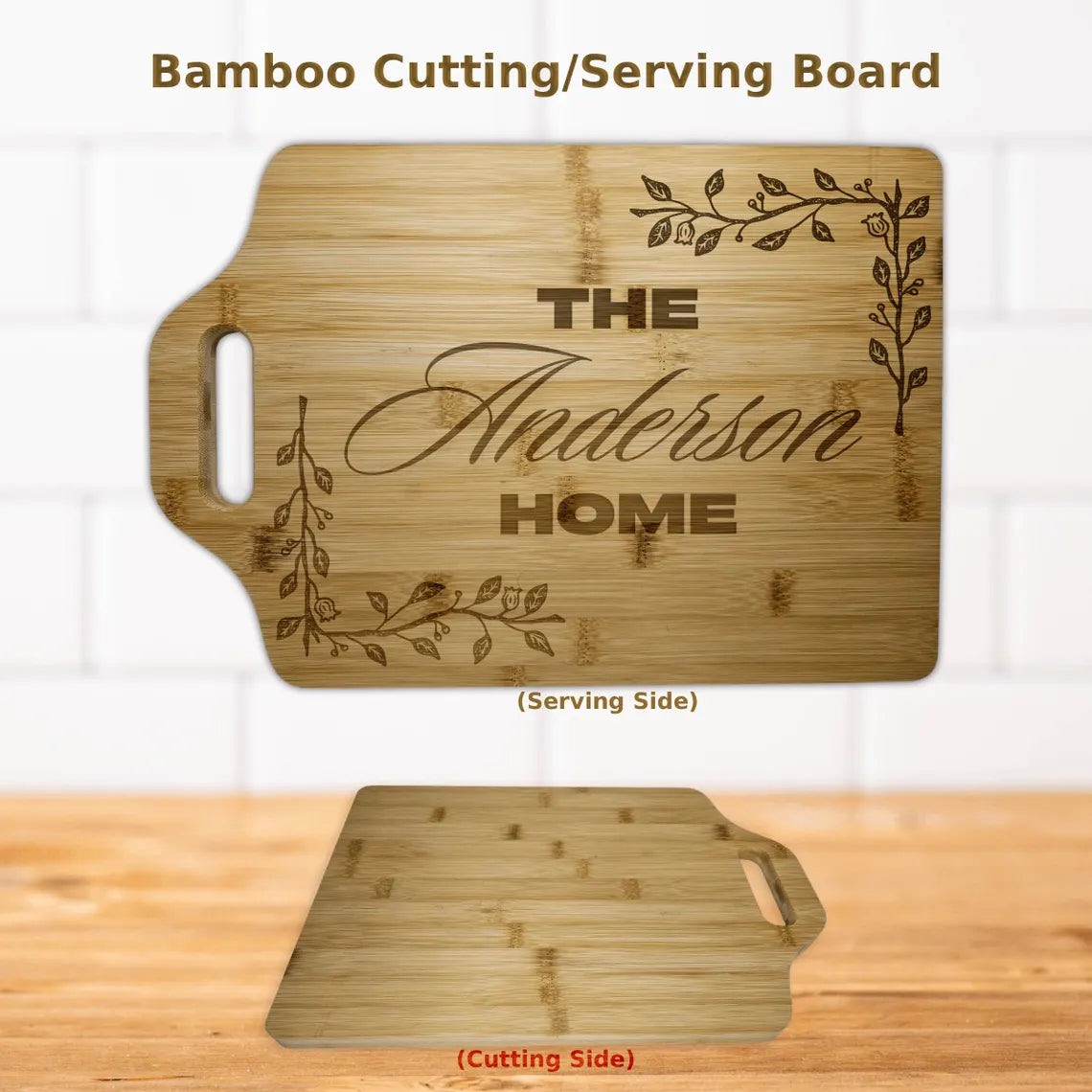 Personalized bamboo cutting and serving board with the name 'Anderson' and decorative design